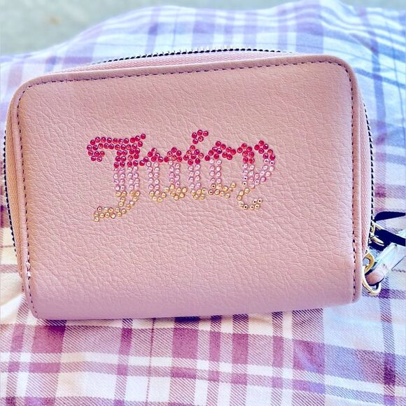 Juicy Couture Pink Med Wallet OS Blush Crystal Ombré Logo Double Zip Bling NEW - Picture 4 of 8